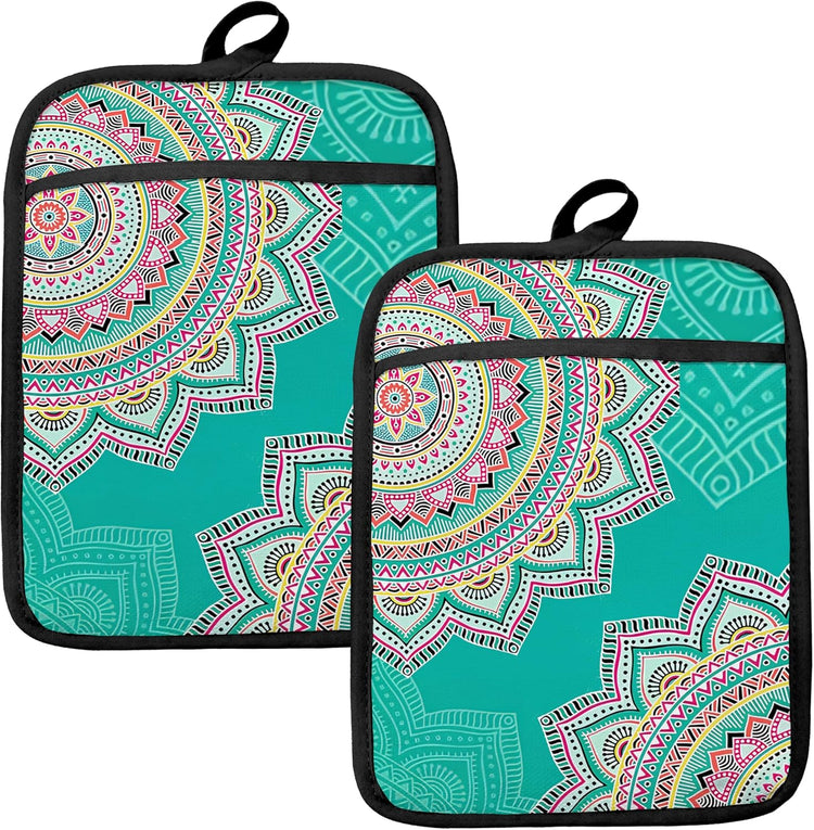 Turquoise Abstract Mandala Floral Pot Holders for Kitchen, Boho Colorful Ethnic Flower Botanical Heat Resistant Hot Pads and Oven Mitts for Baking Cooking,379 potholder
