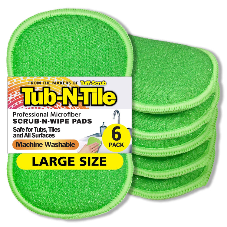 Tub-N-Tile by Tuff-Scrub, Large, 6-Pack, Microfiber, Scrub-N-Wipe Pad, Multi-Surface, Non-Scratch, Dual-Sided, Scrubber for Tubs, Tiles, Sinks – Machine Washable, Durable Kitchen Sponge (6 Count)