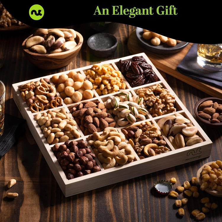 NUT CRAVINGS Gourmet Collection - Thank You Appreciation, Nuts Gift Basket with TY Ribbon + Greeting Card in Reusable Wooden Tray (12 Assortments) Food Arrangement, Healthy Snack Care Package, Food Assortments