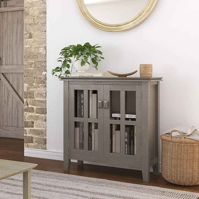 SIMPLIHOME Artisan SOLID WOOD 30 Inch Wide Contemporary Low Storage Cabinet in Farmhouse Grey, For the Living Room, Entryway and Family Room