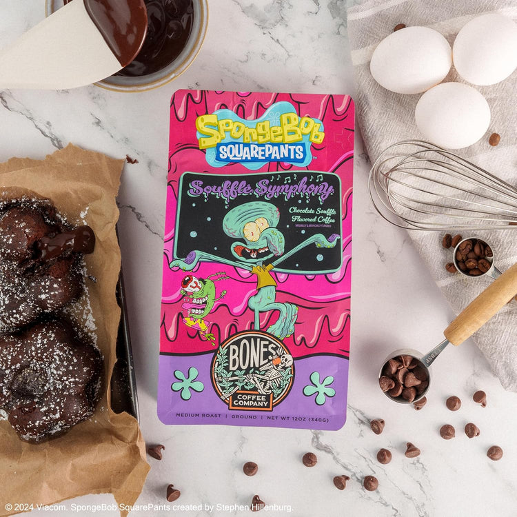 Bones Coffee Company Spongebob Soufflé Symphony, Chocolate Soufflé Flavored Ground Coffee Beans, Low Acid Medium Roast Arabica Beans Flavored Coffee, 12 oz Ground