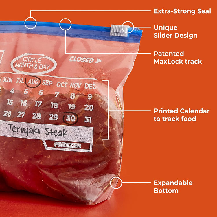 Hefty Calendar Slider Quart Freezer Bags, 1 Quart Slider Bags with Stand and Fill Expandable Bottoms, Helps Prevent Freezer Burn, 35 Count (Pack of 4)