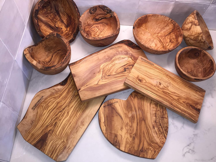 8" Artisan Olive Wood Serving Bowl Wooden Farmhouse Décor Bowl for Fruit, Salads, Snacks, Dips, Keys, Potpourri. In Small 6", Med 7", Lg 8", XL 11", XXL 12". (Large 8 inch)