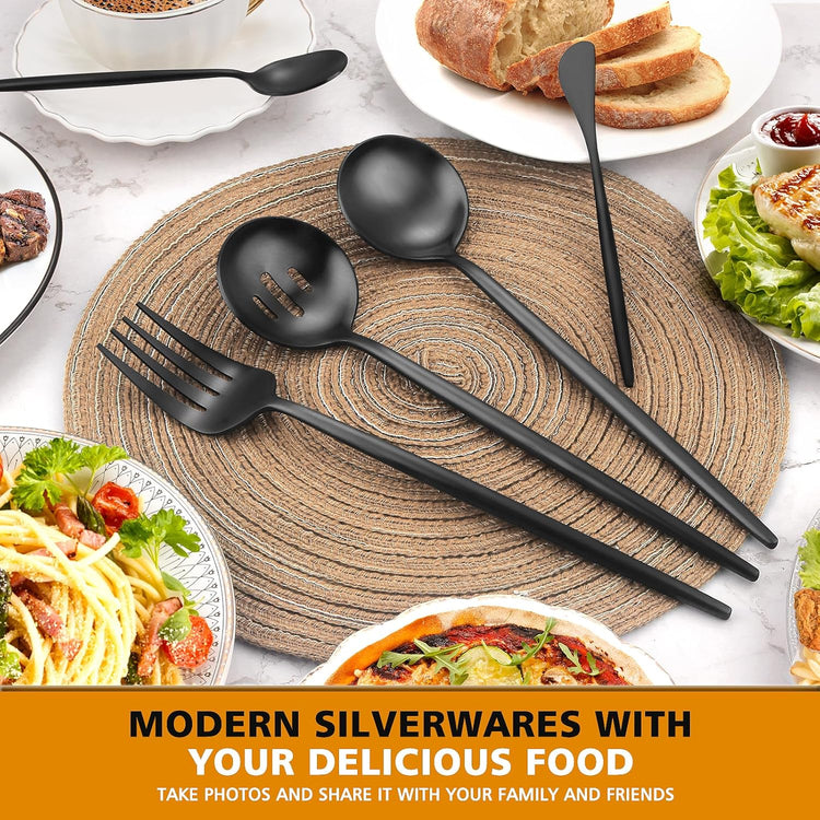 Matte Black Serving Set,Oliviola 5-Piece Stainless Steel Large Hostess Set with Round Edge, Satin Finished, Dishwasher Safe -Large Spoon, Large Fork,Butter Knife,Sugar Spoon & Slotted Spoon