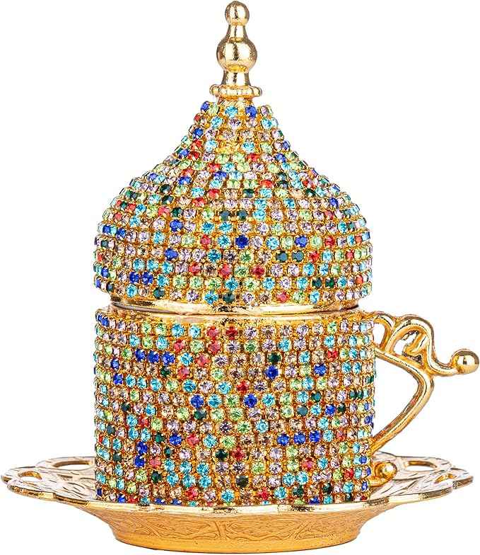 Alisveristime Crystal Embellished Turkish Coffee Set – 27 Pieces – Decorative Zamac Espresso Cups, Saucers and Sugar Bowl with Tray – Available in Three Color Variations (Multi)