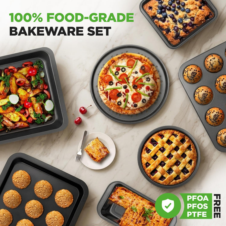 10-Piece Non-Stick Baking Set – Heavy-Duty Carbon Steel Bakeware Set w/ Cookie Sheets, Muffin Pan, Roasting Pan, Cake Pan, Baking Tray, Pizza Pan – Effortless Food Release & Easy Cleanup
