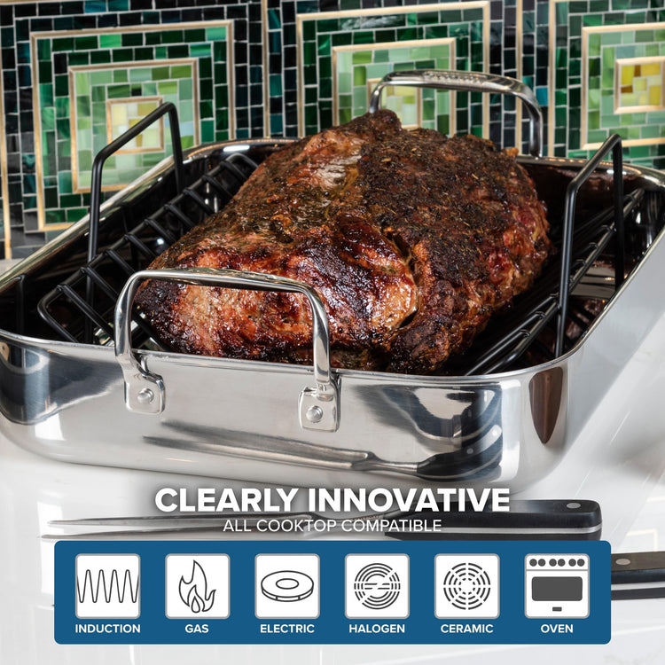 3 Ply Stainless Steel Roasting Pan with Non Stick Rack