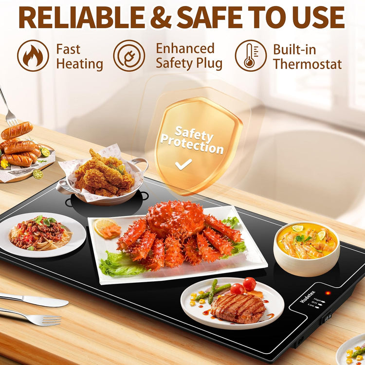 Electric Warming Tray(Large 22"x14"),Food Warmer with Thermostat and Full Surface Heating,Food Warming Mat with 2 Temperature Modes for Parties Buffet,Gatherings,Gold Edge Handles Warming Mat for Food