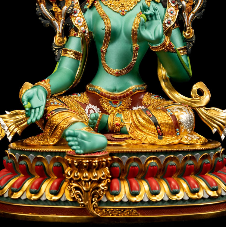 Green Tara Buddha Statue for Zen Decor Indoor, Tibetan Buddhism Handmade Copper Sculpture, Hand-Painted Colored Buddhist Budda, 10.62"