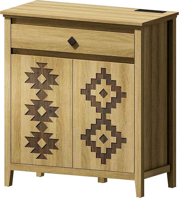 Sideboard Buffet Cabinet Set of 2 with Power Outlet, Wood Coffee Bar Cabinet with Drawer and Adjustable Shelf, Modern Accent Storage for Kitchen, Entryway, Living Room, Natural