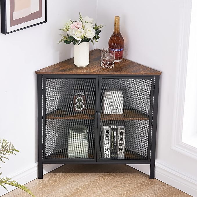 VECELO Corner Cabinet/Table, 3-Tier Display Shelves with Protection Door, Metal Frame Storage Shelf Organizer for Small Space, Living Room, Kitchen, Bathroom