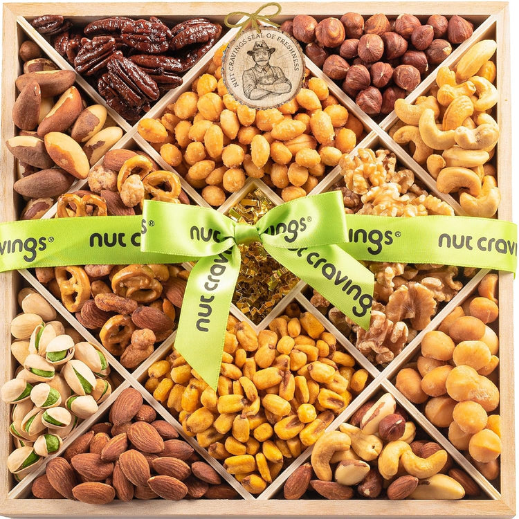 NUT CRAVINGS - Mixed Nuts Gift Basket in Reusable Diamond Wooden Tray + Green Ribbon (12 Assortments) Food Arrangement, Healthy Snack Care Package, Food Assortments