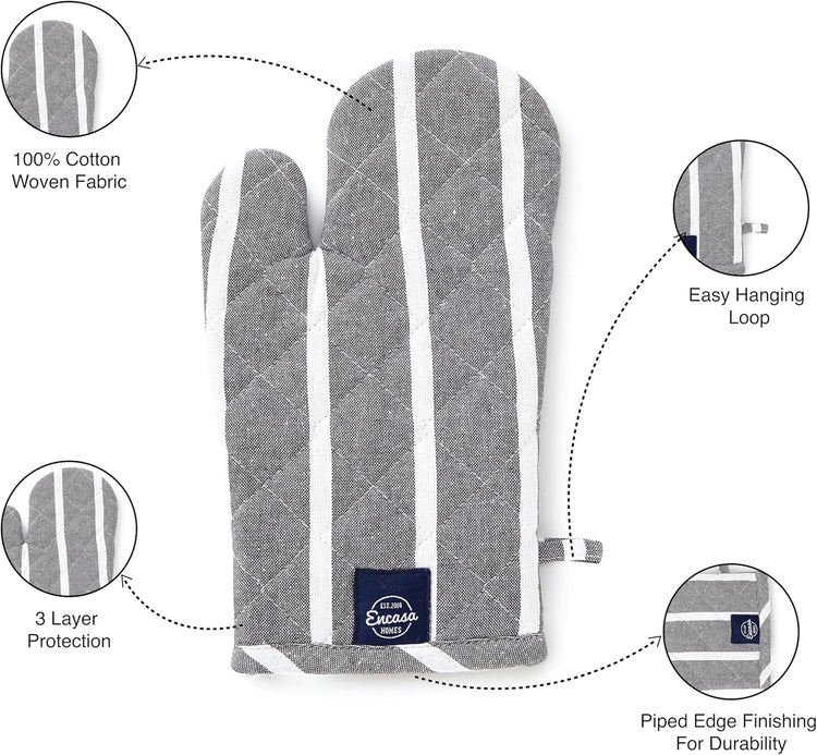 Encasa XO Long 12"x7" Oven Microwave Hand Gloves Mitts (2 pc Set) for Kitchen Cooking & Baking - Heat Resistant, Thick & Safe, Protection of Hands from Hot Utensils - Roma Grey Stripes