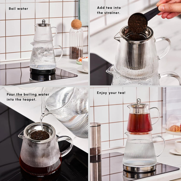 Karaca Keops Turkish Teapot with Infuser and Lid (450 ml Tea Pot & 1500 ml Induction Kettle) - Borosilicate Glass Teapot Set for Stovetops - Clear Tea Maker with 10-15 Cups Capacity