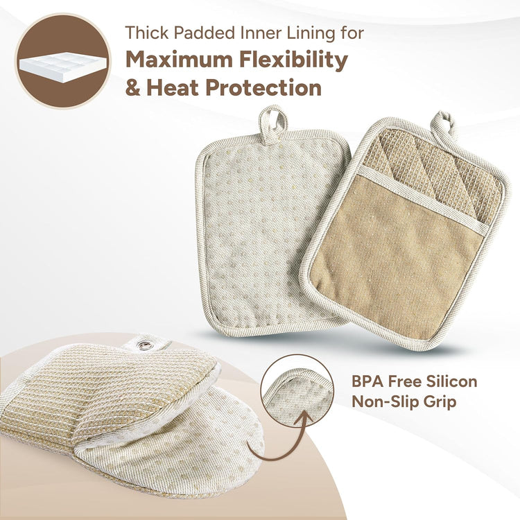 Casa Platino Pot Holders and Oven Mitts, 8-Piece – 500°F Heat Resistant Mini Oven Mitts with Silicone Grip, Potholders for Kitchens, 2 Kitchen Towels & 2 Dish Cloths – Non-Slip & Durable – Beige