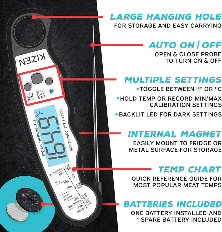 Kizen Instant Read Meat Thermometer Digital - Food Thermometer for Cooking, Grill, Oven, BBQ - Waterproof and Backlit Display - Kitchen Gadgets