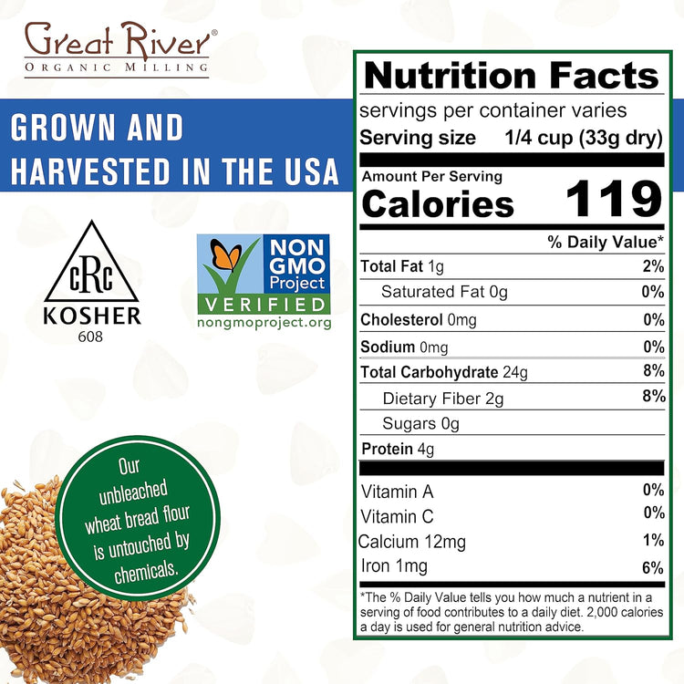 Great River Organic Milling Organic Unbleached Wheat Bread Flour | Artisan Bread Flour for Baking | Multi-Purpose Wheat, Unbromated, Non-GMO, Kosher | 25 Lb (Pack Of 1) - Nestoria