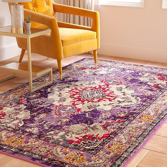 SAFAVIEH Monaco Collection Area Rug - 3' x 5', Violet & Fuchsia, Non-Shedding & Easy to Clean, Distressed Medallion Design, Ideal for Living Room, Bedroom, Dining Space (MNC243P)