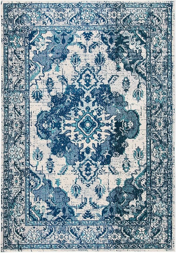 SAFAVIEH Monaco Collection Area Rug - 4' x 5'7", Ivory & Blue, Non-Shedding & Easy to Clean, Distressed Medallion Design, Ideal for Living Room, Bedroom, Dining Space (MNC243A)