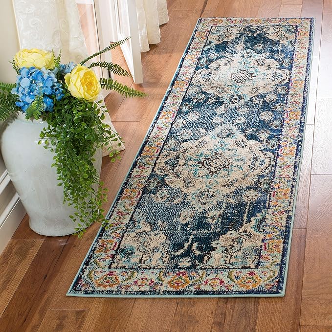 SAFAVIEH Monaco Collection Runner Rug - 2'2" x 12', Navy & Light Blue, Non-Shedding & Easy to Clean, Distressed Medallion Design, Ideal for Hallway, Foyer, Entryway, Kitchen, Bedroom (MNC243N)