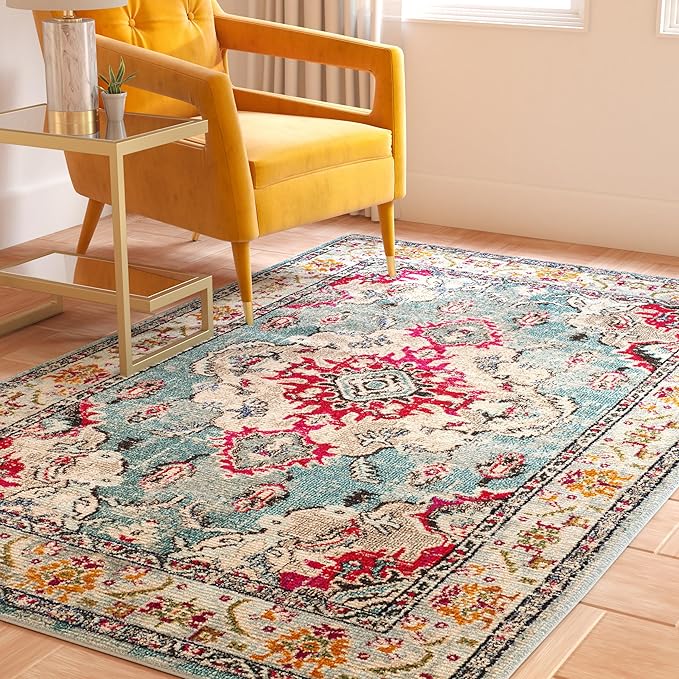 SAFAVIEH Monaco Collection Area Rug - 3' x 5', Light Blue & Fuchsia, Non-Shedding & Easy to Clean, Distressed Medallion Design, Ideal for Living Room, Bedroom, Dining Space (MNC243J)