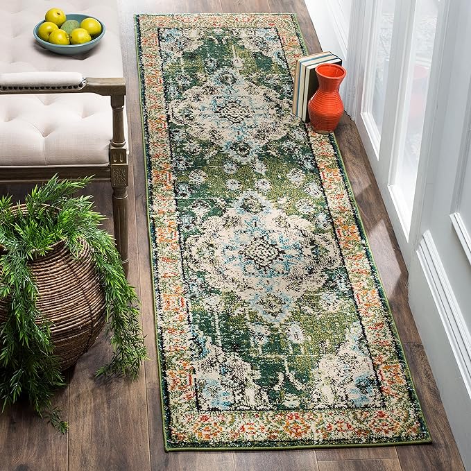 SAFAVIEH Monaco Collection Runner Rug - 2'2" x 22', Forest Green & Light Blue, Non-Shedding & Easy to Clean, Distressed Medallion Design, Ideal for Hallway, Foyer, Entryway, Kitchen, Bedroom (MNC243F)