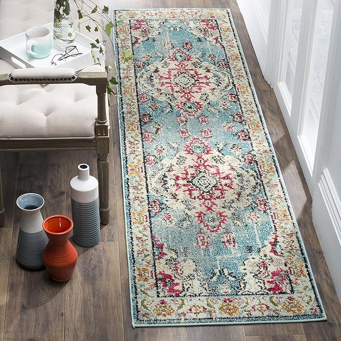SAFAVIEH Monaco Collection Runner Rug - 2'2" x 22', Light Blue & Fuchsia, Non-Shedding & Easy to Clean, Distressed Medallion Design, Ideal for Hallway, Foyer, Entryway, Kitchen, Bedroom (MNC243J)