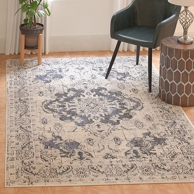 SAFAVIEH Monaco Collection Area Rug - 3' x 5', Ivory & Grey, Non-Shedding & Easy to Clean, Distressed Medallion Design, Ideal for Living Room, Bedroom, Dining Space (MNC243B)