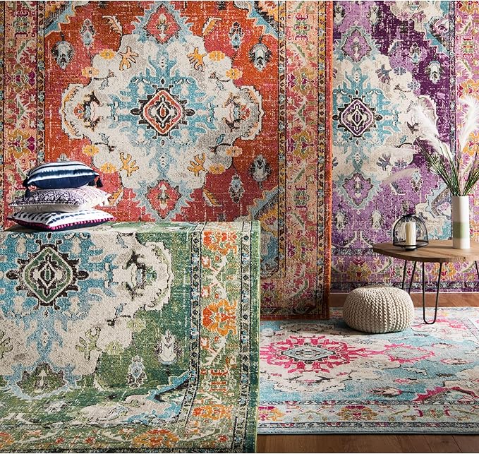 SAFAVIEH Monaco Collection Area Rug - 12' x 18', Orange & Light Blue, Non-Shedding & Easy to Clean, Distressed Medallion Design, Ideal for Living Room, Bedroom, Dining Space (MNC243H)