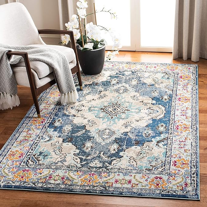 SAFAVIEH Monaco Collection Area Rug - 6'7" x 9'2", Navy & Light Blue, Non-Shedding & Easy to Clean, Distressed Medallion Design, Ideal for Living Room, Bedroom, Dining Space (MNC243N)