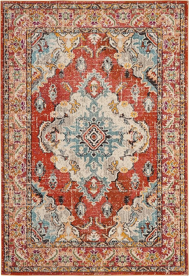 SAFAVIEH Monaco Collection Area Rug - 4' x 5'7", Orange & Light Blue, Non-Shedding & Easy to Clean, Distressed Medallion Design, Ideal for Living Room, Bedroom, Dining Space (MNC243H)