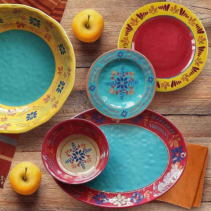 Paseo Road Bonita Talavera 14 Piece Melamine Plastic Dinnerware Set with Plates, Bowls and Serving Platter, Indoor Outdoor Camping Dishes Set, Floral Design Western Dish Set for 4