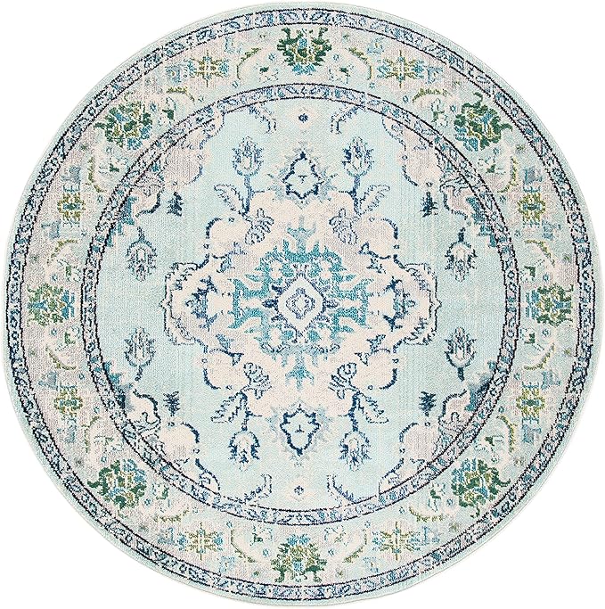 SAFAVIEH Monaco Collection Area Rug - 8' Round, Light Blue & Ivory, Non-Shedding & Easy Care, Ideal for High Traffic Areas in Living Room, Foyer, Bedroom (MNC243K-8R)