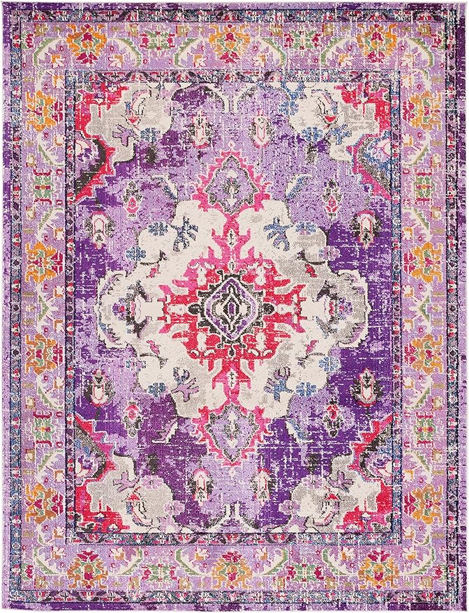 SAFAVIEH Monaco Collection Area Rug - 8' x 10', Violet & Fuchsia, Non-Shedding & Easy to Clean, Distressed Medallion Design, Ideal for Living Room, Bedroom, Dining Space (MNC243P)