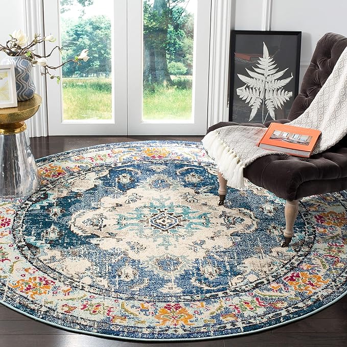 SAFAVIEH Monaco Collection Area Rug - 8' Round, Navy & Light Blue, Non-Shedding & Easy to Clean, Distressed Medallion Design, Ideal for Living Room, Bedroom, Dining Space (MNC243N)