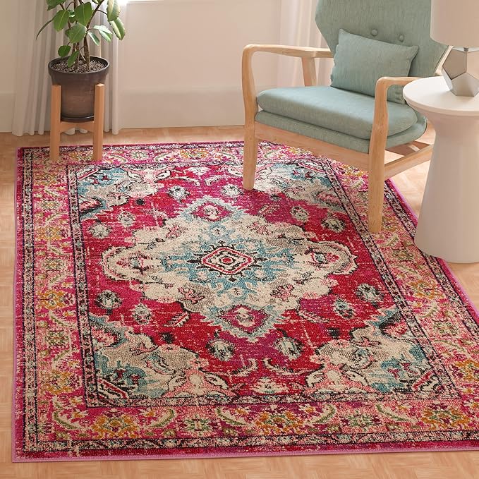 SAFAVIEH Monaco Collection 8' Round PinkMulti MNC243D Boho Chic Medallion Distressed Non-Shedding Living Room Dining Bedroom Foyer Area Rug
