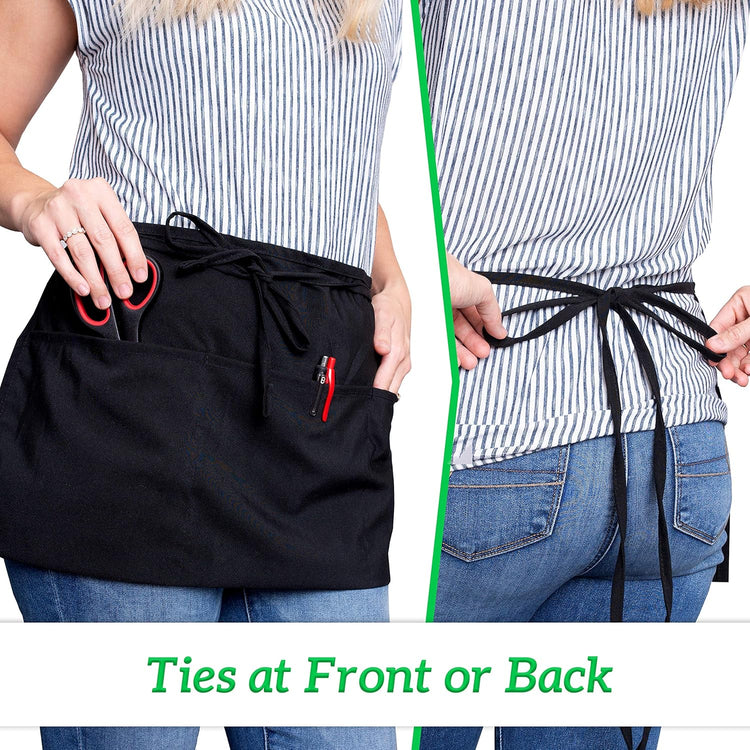 GREEN LIFESTYLE Server Aprons with 3 Pockets - Waist Apron, Waitress Apron for Women and Man, Water Resistant with Long Waist Strap Reinforced Seams, Half Apron (12 Pack - Black)