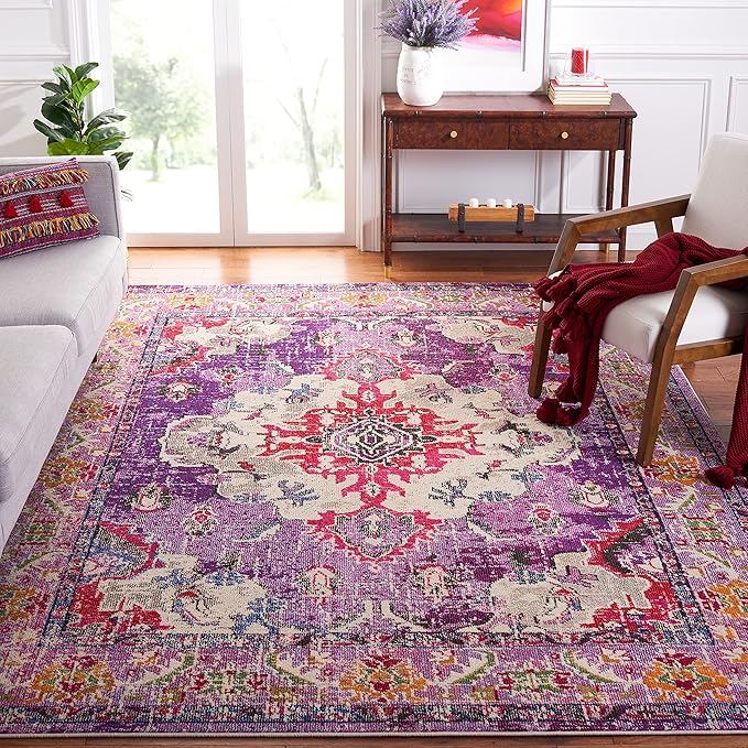 SAFAVIEH Monaco Collection Area Rug - 8' x 10', Violet & Fuchsia, Non-Shedding & Easy to Clean, Distressed Medallion Design, Ideal for Living Room, Bedroom, Dining Space (MNC243P)