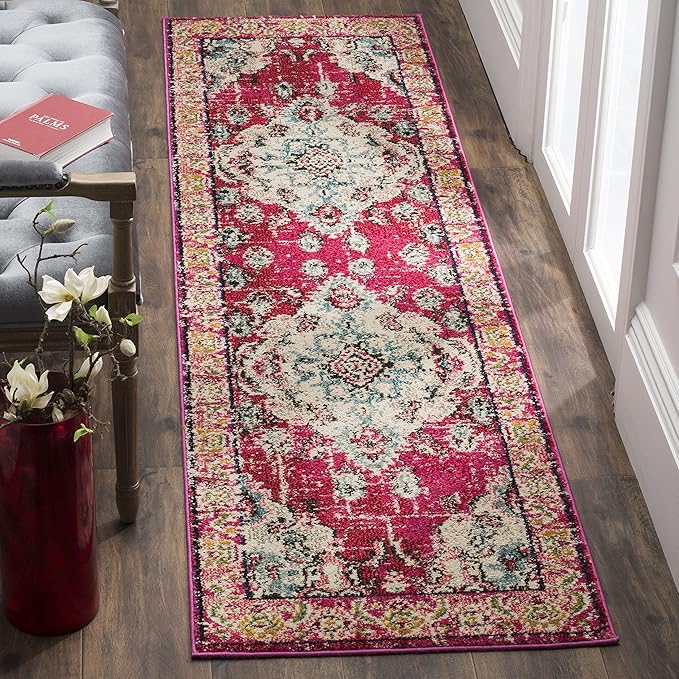 SAFAVIEH Monaco Collection Runner Rug - 2'2" x 8', Pink & Multi, Non-Shedding & Easy to Clean, Distressed Medallion Design, Ideal for Hallway, Foyer, Entryway, Kitchen, Bedroom (MNC243D)