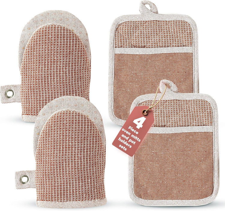 Casa Platino Cute Oven Mitts & Pot Holders, 4-Piece – Oven Mitts Heat Resistant for Grilling & Baking, Pot Holder for Hot Cookware & Microwave – Withstands Up to 500°F, Non-Slip – Canyon Rose