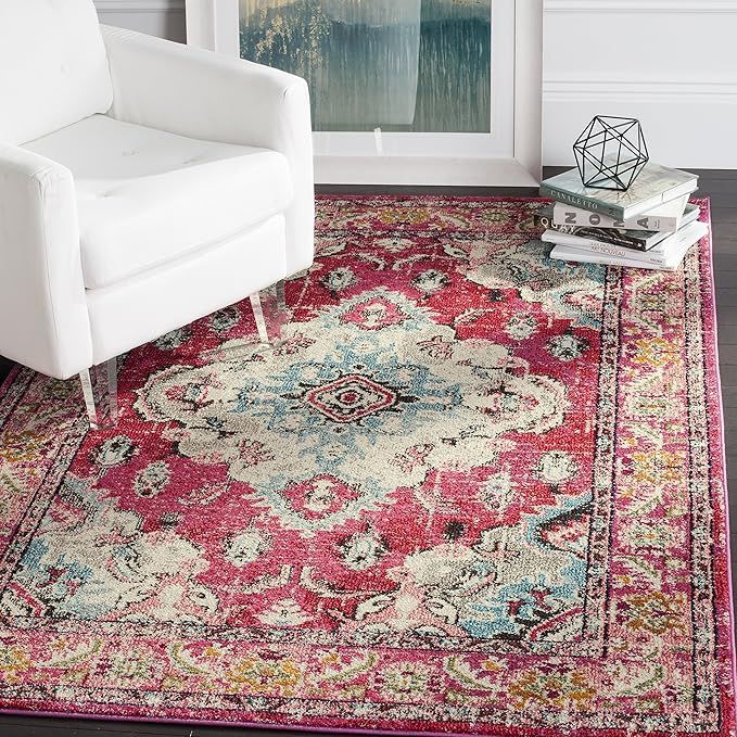 SAFAVIEH Monaco Collection Area Rug - 6'7" x 9'2", Pink & Multi, Non-Shedding & Easy to Clean, Distressed Medallion Design, Ideal for Living Room, Bedroom, Dining Space (MNC243D)