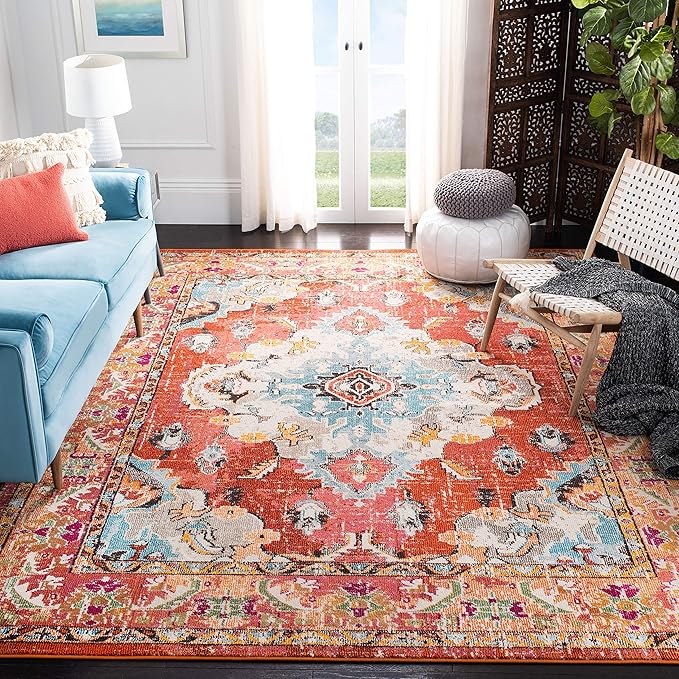 SAFAVIEH Monaco Collection Area Rug - 10' x 14', Orange & Light Blue, Non-Shedding & Easy to Clean, Distressed Medallion Design, Ideal for Living Room, Bedroom, Dining Space (MNC243H)