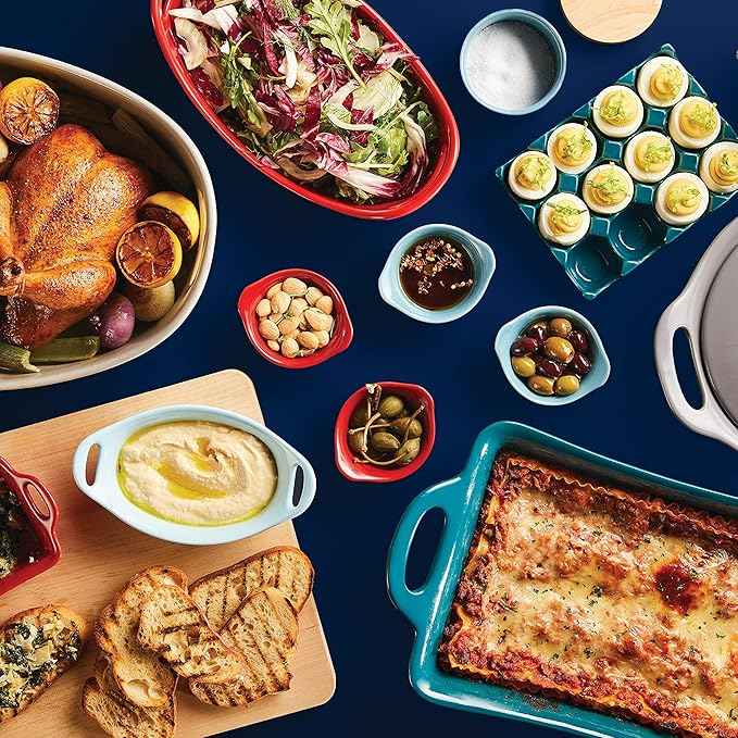 Rachael Ray Solid Glaze Ceramics Casserole Bakeware/Baker Set with Shared Lid, 3 Piece, Teal