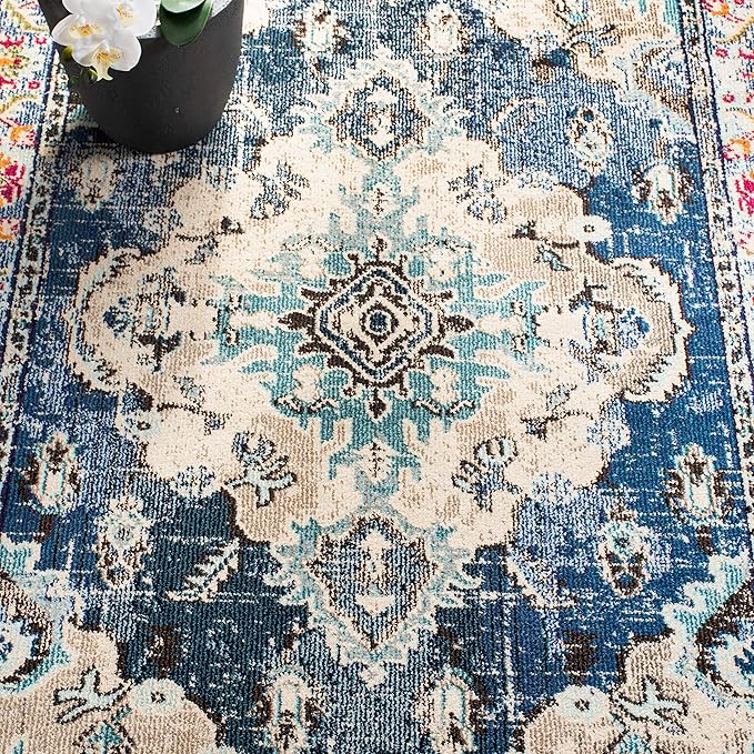 SAFAVIEH Monaco Collection Runner Rug - 2'2" x 12', Navy & Light Blue, Non-Shedding & Easy to Clean, Distressed Medallion Design, Ideal for Hallway, Foyer, Entryway, Kitchen, Bedroom (MNC243N)
