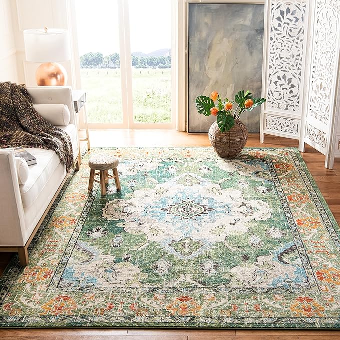 SAFAVIEH Monaco Collection Area Rug - 3' x 5', Forest Green & Light Blue, Non-Shedding & Easy to Clean, Distressed Medallion Design, Ideal for Living Room, Bedroom, Dining Space (MNC243F)