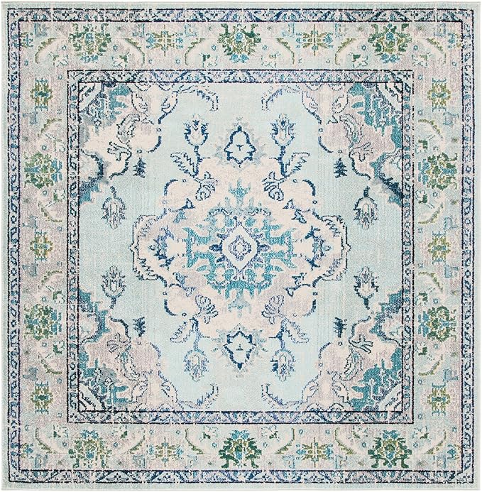 SAFAVIEH Monaco Collection Area Rug - 5' Square, Light Blue & Ivory, Non-Shedding & Easy Care, Ideal for High Traffic Areas in Living Room, Bedroom, Home Office, Dining Space (MNC243K-5SQ)