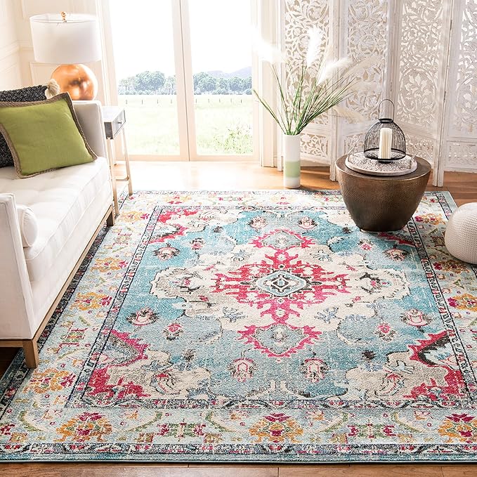SAFAVIEH Monaco Collection Area Rug - 10' x 14', Light Blue & Fuchsia, Non-Shedding & Easy to Clean, Distressed Medallion Design, Ideal for Living Room, Bedroom, Dining Space (MNC243J)