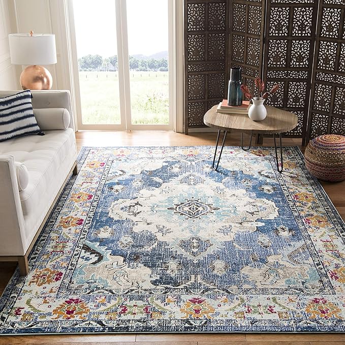 SAFAVIEH Monaco Collection Area Rug - 12' x 18', Navy & Light Blue, Non-Shedding & Easy to Clean, Distressed Medallion Design, Ideal for Living Room, Bedroom, Dining Space (MNC243N)