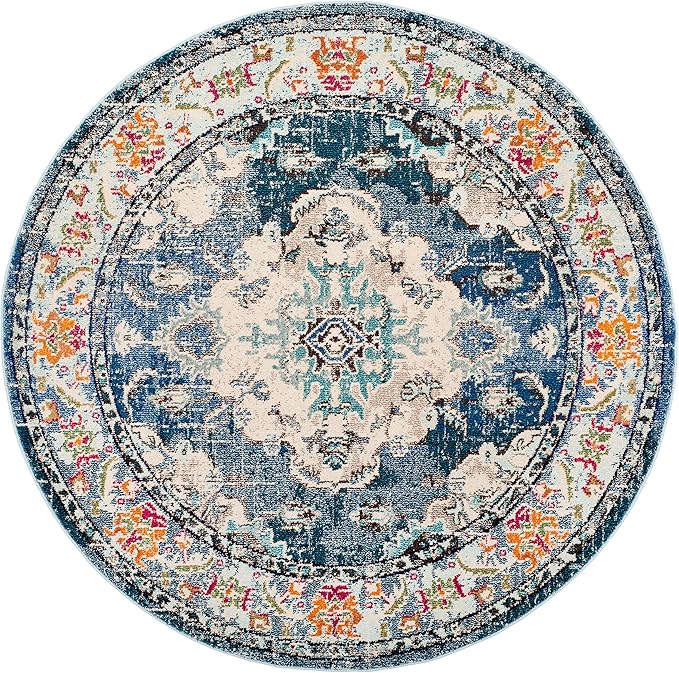SAFAVIEH Monaco Collection Area Rug - 8' Round, Navy & Light Blue, Non-Shedding & Easy to Clean, Distressed Medallion Design, Ideal for Living Room, Bedroom, Dining Space (MNC243N)