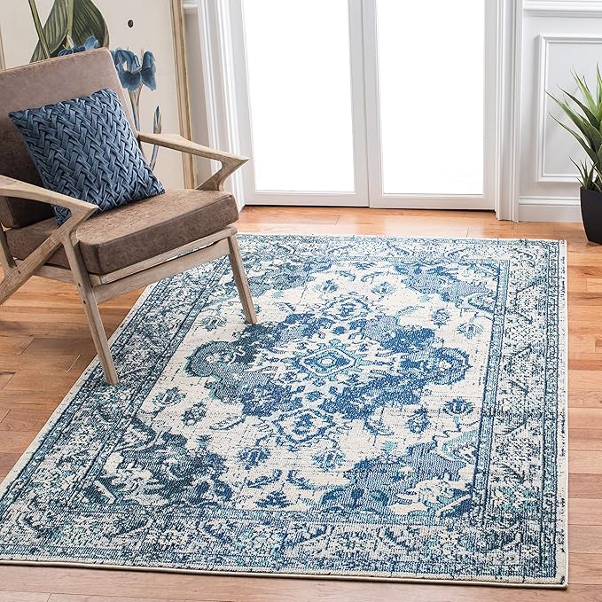 SAFAVIEH Monaco Collection Area Rug - 4' x 5'7", Ivory & Blue, Non-Shedding & Easy to Clean, Distressed Medallion Design, Ideal for Living Room, Bedroom, Dining Space (MNC243A)